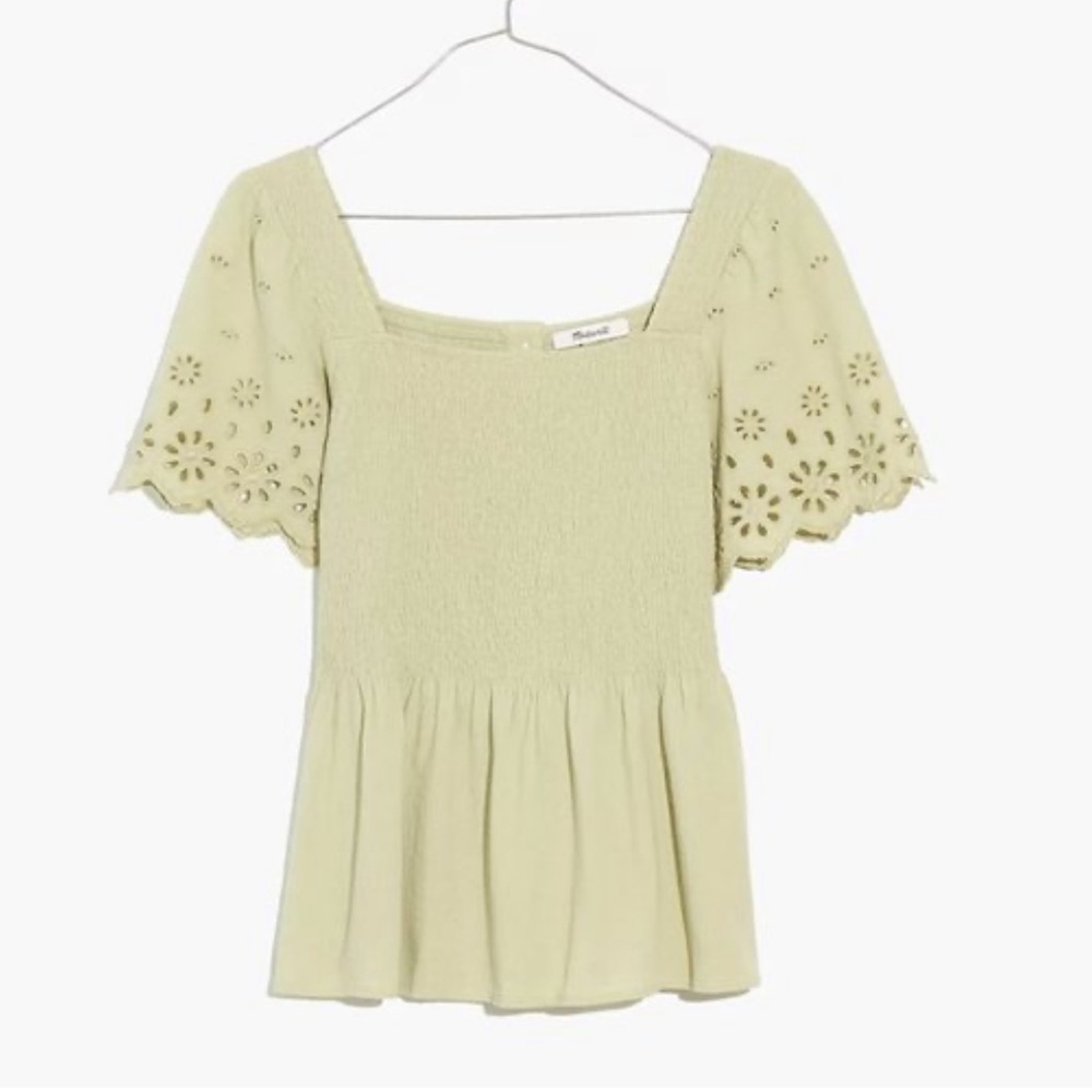 Madewell Pale Green Square Neck Eyelet Sleeve Top